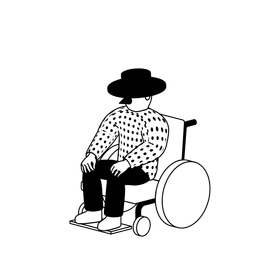 Illustration of a person with a hat in a wheelchair.