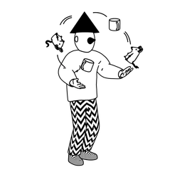 Illustration of a person juggling two hamsters and two coffee cups.