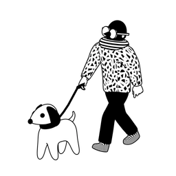 Illustration of a person with glasses walking a dog.