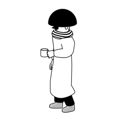 Illustration of a person standing and holding a coffee cup.