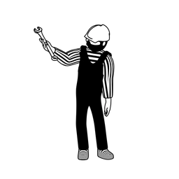Illustration of a person with a hard hat holding up a wrench.