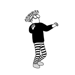 Illustration of a person with glasses looking up, with their arms raised while dancing.